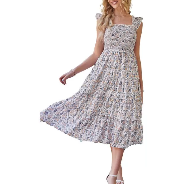 imageBTFBM Womens Summer Boho Smocked Beach Dresses Sleeveless Shoulder Strap Floral Flowy Tiered Party Midi Casual SundressPrint Purple