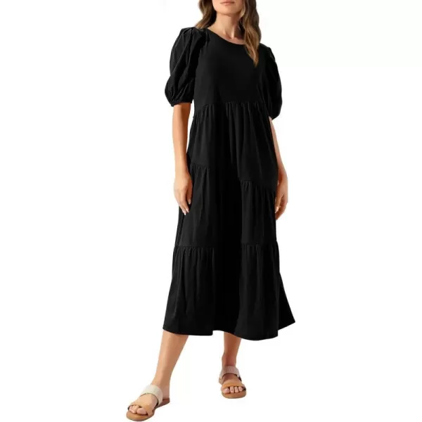 imageBTFBM Womens Summer Casual Puff Short Sleeve Crew Neck Swing Dress Tiered Flowy Beach Midi Dresses with PocketsSolid Black