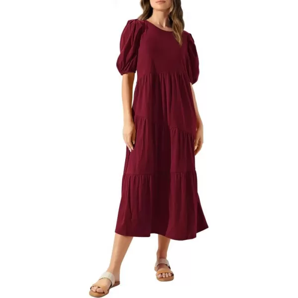 imageBTFBM Womens Summer Casual Puff Short Sleeve Crew Neck Swing Dress Tiered Flowy Beach Midi Dresses with PocketsSolid Dark Red