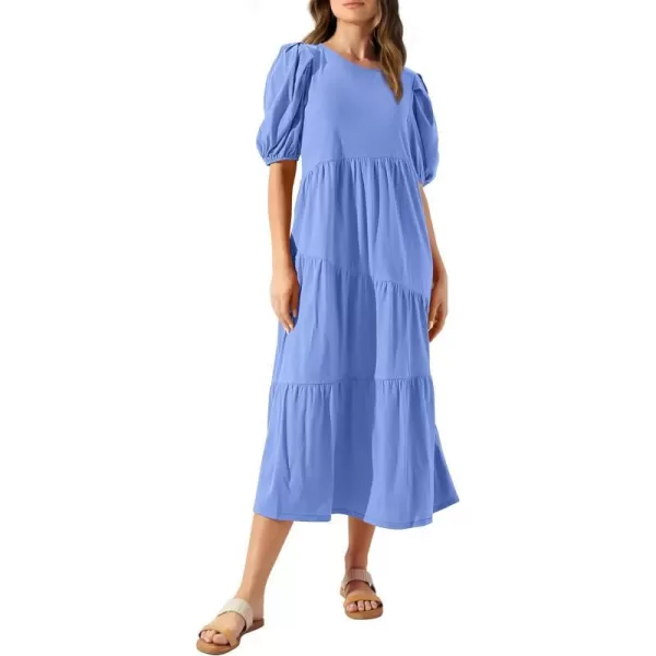 imageBTFBM Womens Summer Casual Puff Short Sleeve Crew Neck Swing Dress Tiered Flowy Beach Midi Dresses with PocketsSolid Light Blue