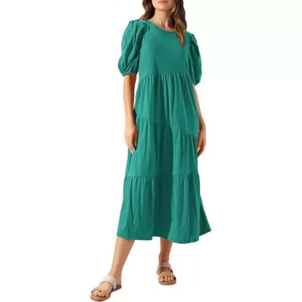 imageBTFBM Womens Summer Casual Puff Short Sleeve Crew Neck Swing Dress Tiered Flowy Beach Midi Dresses with PocketsSolid Light Green