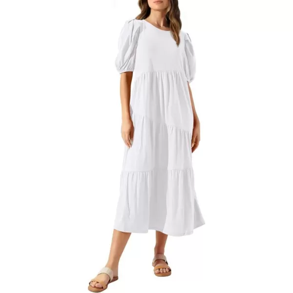 imageBTFBM Womens Summer Casual Puff Short Sleeve Crew Neck Swing Dress Tiered Flowy Beach Midi Dresses with PocketsSolid White