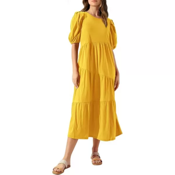 imageBTFBM Womens Summer Casual Puff Short Sleeve Crew Neck Swing Dress Tiered Flowy Beach Midi Dresses with PocketsSolid Yellow