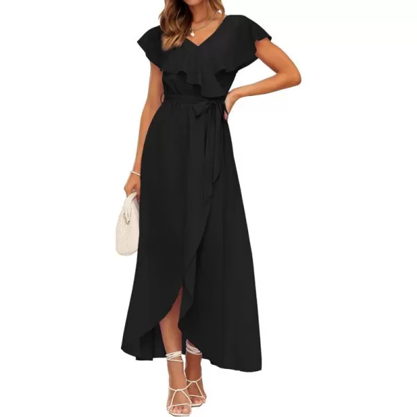 imageBTFBM Womens Summer Chiffon Maxi Dresses Deep V Neck Ruffle Short Sleeve Beach Party Cocktail Flowy Wrap Dress with BeltSolid Black