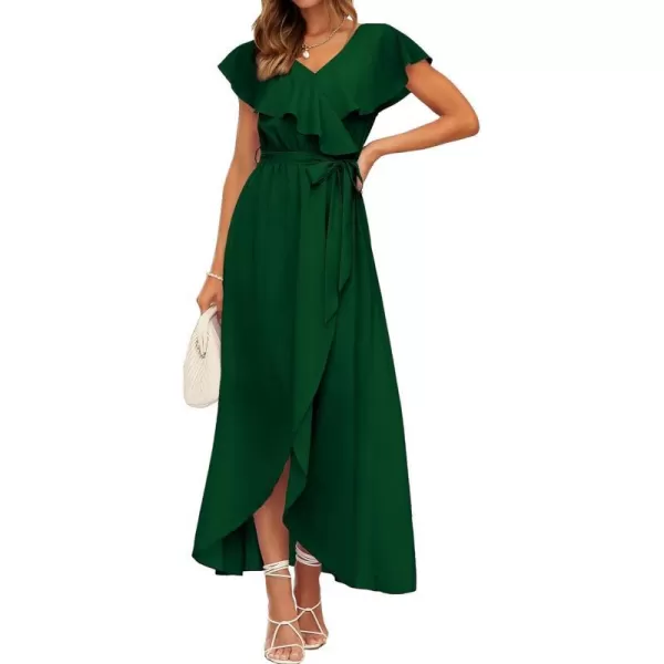 imageBTFBM Womens Summer Chiffon Maxi Dresses Deep V Neck Ruffle Short Sleeve Beach Party Cocktail Flowy Wrap Dress with BeltSolid Dark Green