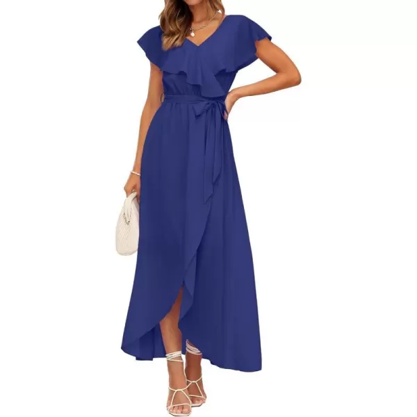 imageBTFBM Womens Summer Chiffon Maxi Dresses Deep V Neck Ruffle Short Sleeve Beach Party Cocktail Flowy Wrap Dress with BeltSolid Dark Royal Blue