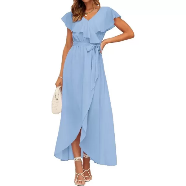 imageBTFBM Womens Summer Chiffon Maxi Dresses Deep V Neck Ruffle Short Sleeve Beach Party Cocktail Flowy Wrap Dress with BeltSolid Light Blue