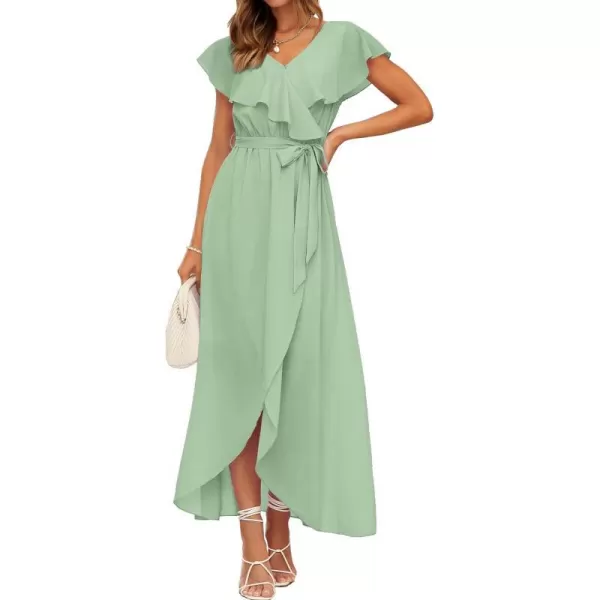 imageBTFBM Womens Summer Chiffon Maxi Dresses Deep V Neck Ruffle Short Sleeve Beach Party Cocktail Flowy Wrap Dress with BeltSolid Light Green