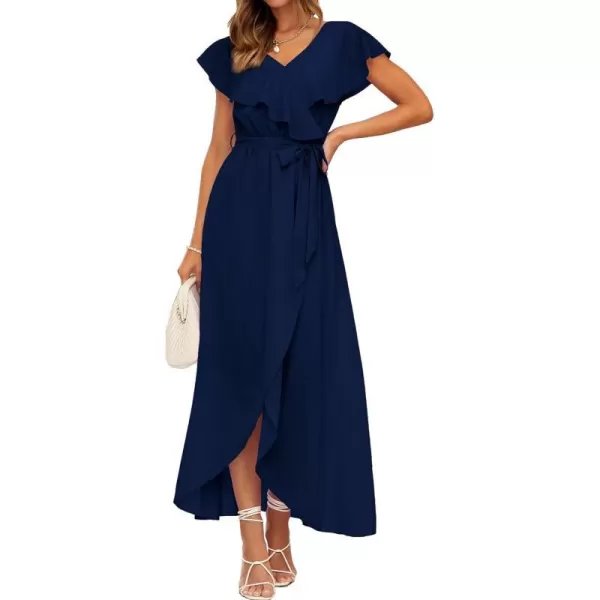 imageBTFBM Womens Summer Chiffon Maxi Dresses Deep V Neck Ruffle Short Sleeve Beach Party Cocktail Flowy Wrap Dress with BeltSolid Navy