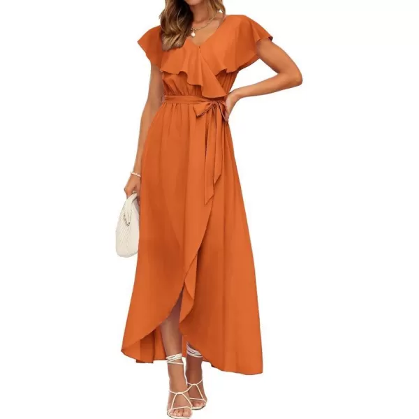 imageBTFBM Womens Summer Chiffon Maxi Dresses Deep V Neck Ruffle Short Sleeve Beach Party Cocktail Flowy Wrap Dress with BeltSolid Orange