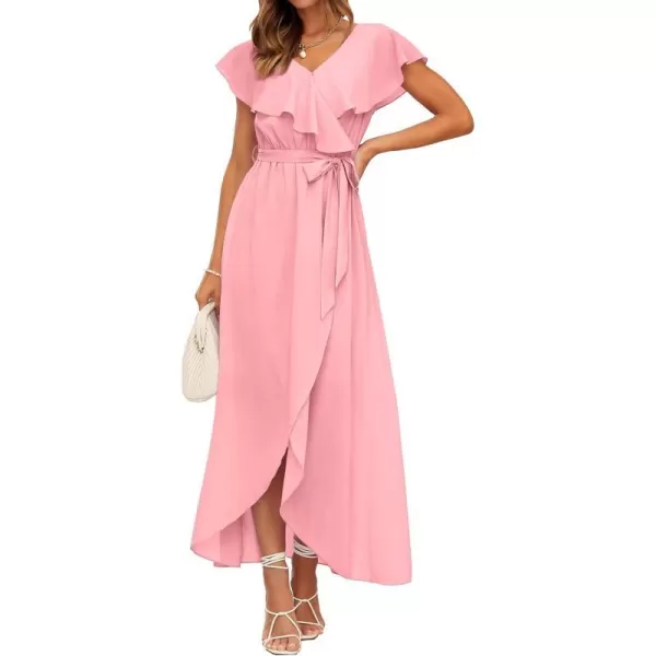 imageBTFBM Womens Summer Chiffon Maxi Dresses Deep V Neck Ruffle Short Sleeve Beach Party Cocktail Flowy Wrap Dress with BeltSolid Pink