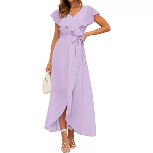 imageBTFBM Womens Summer Chiffon Maxi Dresses Deep V Neck Ruffle Short Sleeve Beach Party Cocktail Flowy Wrap Dress with BeltSolid Purple