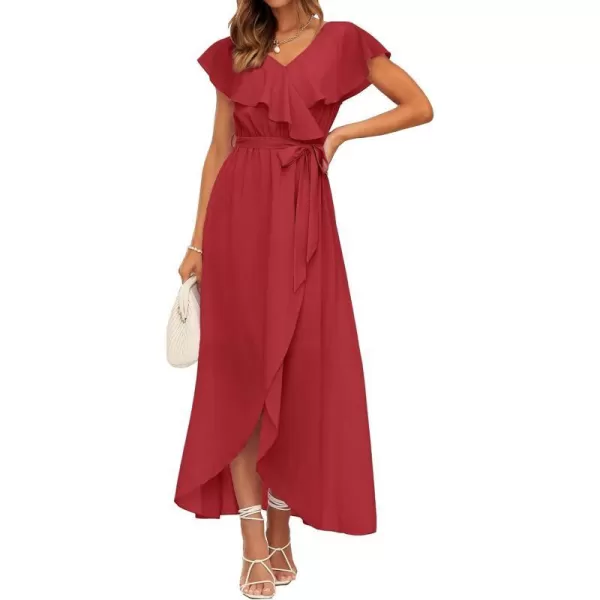 imageBTFBM Womens Summer Chiffon Maxi Dresses Deep V Neck Ruffle Short Sleeve Beach Party Cocktail Flowy Wrap Dress with BeltSolid Red