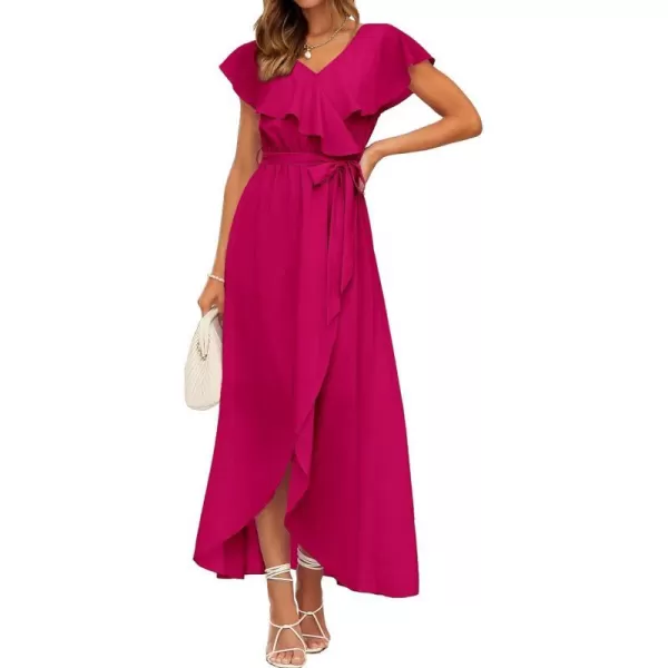 imageBTFBM Womens Summer Chiffon Maxi Dresses Deep V Neck Ruffle Short Sleeve Beach Party Cocktail Flowy Wrap Dress with BeltSolid Rose Pink