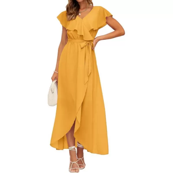 imageBTFBM Womens Summer Chiffon Maxi Dresses Deep V Neck Ruffle Short Sleeve Beach Party Cocktail Flowy Wrap Dress with BeltSolid Turmeric