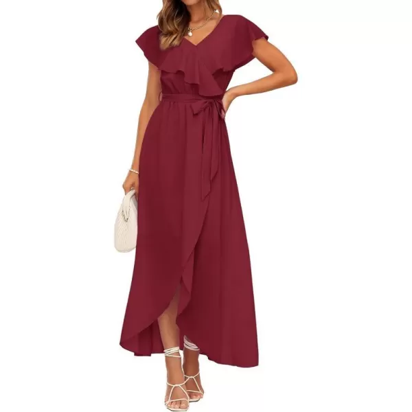 imageBTFBM Womens Summer Chiffon Maxi Dresses Deep V Neck Ruffle Short Sleeve Beach Party Cocktail Flowy Wrap Dress with BeltSolid Wine Red