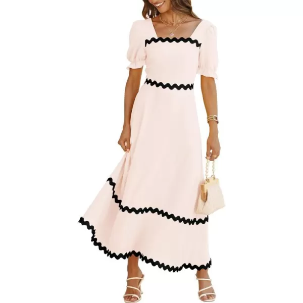 imageBTFBM Womens Summer Dresses 2024 Square Neck Short Puff Sleeve Smocked Tie Back Beach Vacation Flowy Long Maxi DressSolid Beige