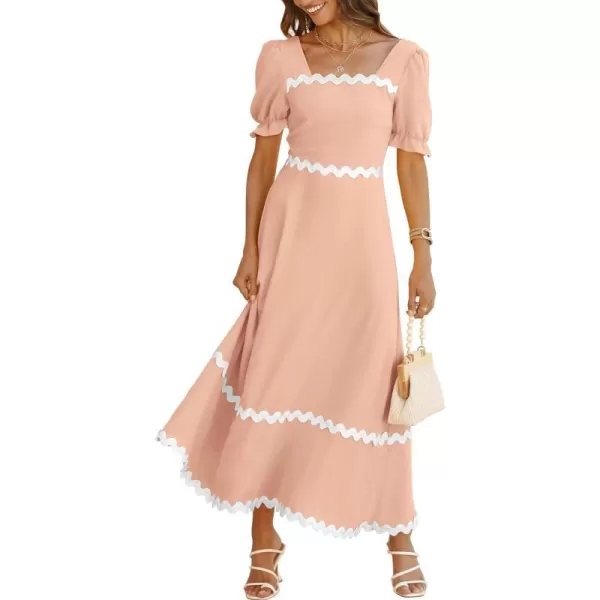 imageBTFBM Womens Summer Dresses 2024 Square Neck Short Puff Sleeve Smocked Tie Back Beach Vacation Flowy Long Maxi DressSolid Light Khaki