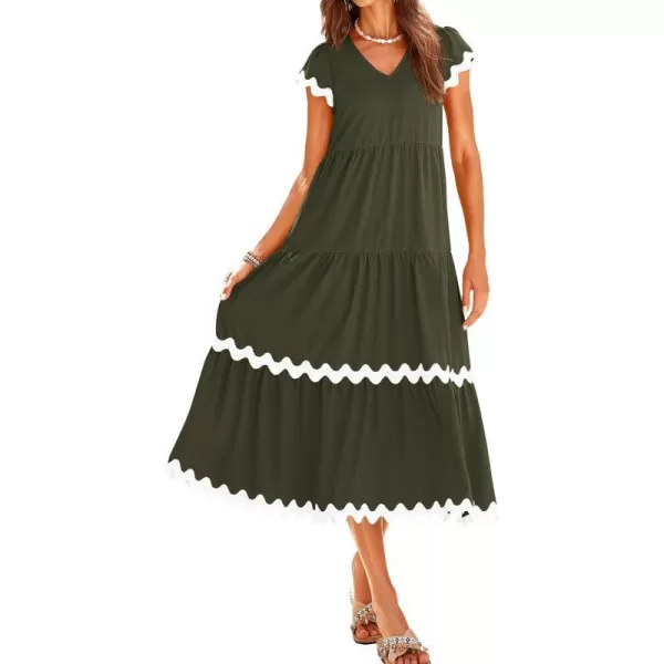 imageBTFBM Womens Summer Dresses 2024 V Neck Cap Sleeve RIC Rac Loose Tiered ALine Beach Vacation Midi Dress with PocketSolid Army Green