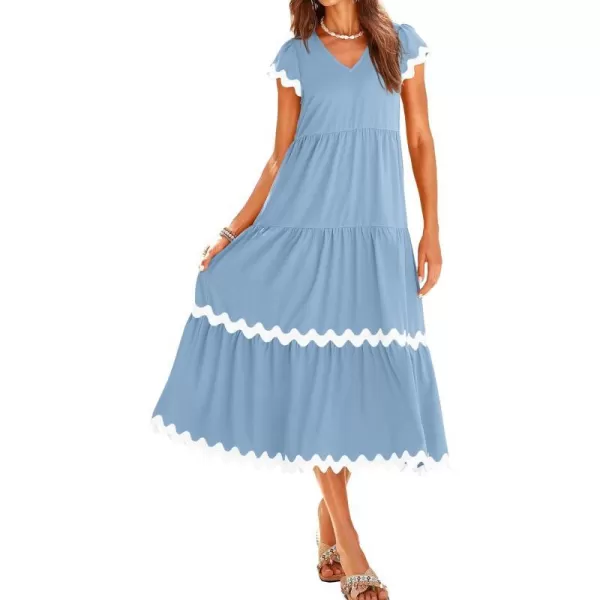imageBTFBM Womens Summer Dresses 2024 V Neck Cap Sleeve RIC Rac Loose Tiered ALine Beach Vacation Midi Dress with PocketSolid Light Blue