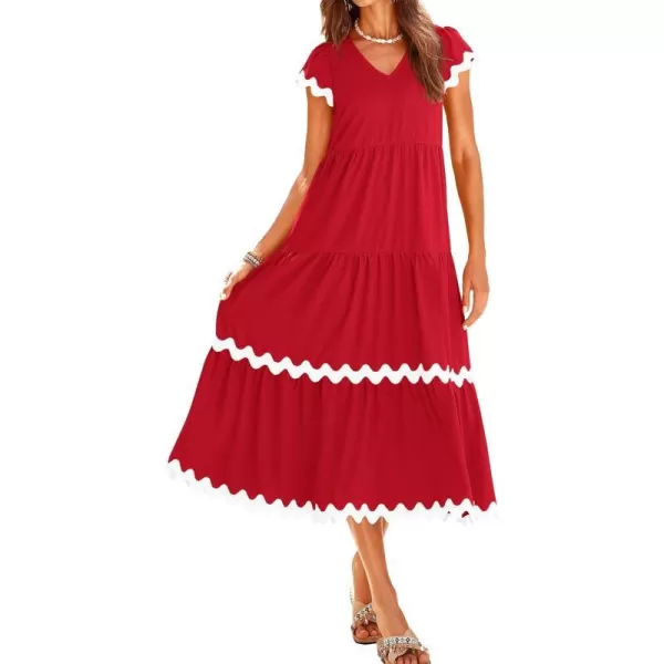 imageBTFBM Womens Summer Dresses 2024 V Neck Cap Sleeve RIC Rac Loose Tiered ALine Beach Vacation Midi Dress with PocketSolid Red