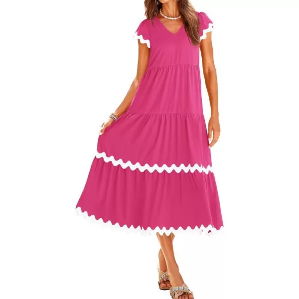 imageBTFBM Womens Summer Dresses 2024 V Neck Cap Sleeve RIC Rac Loose Tiered ALine Beach Vacation Midi Dress with PocketSolid Rose Red