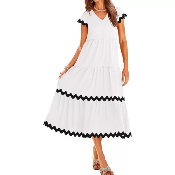 imageBTFBM Womens Summer Dresses 2024 V Neck Cap Sleeve RIC Rac Loose Tiered ALine Beach Vacation Midi Dress with PocketSolid White