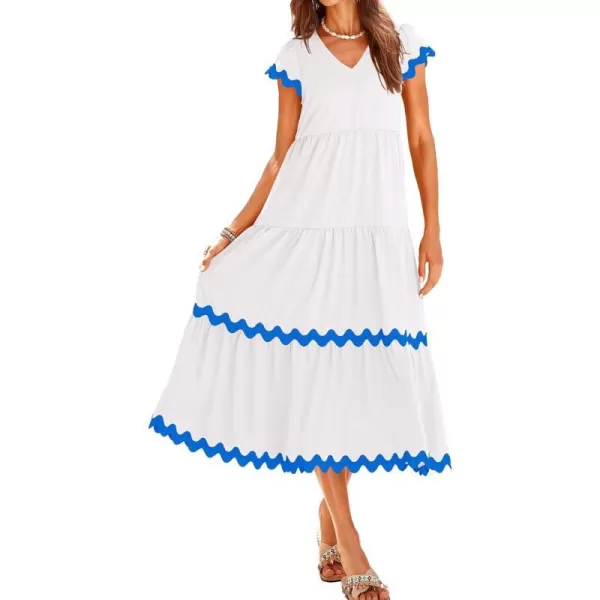 imageBTFBM Womens Summer Dresses 2024 V Neck Cap Sleeve RIC Rac Loose Tiered ALine Beach Vacation Midi Dress with PocketSolid White Blue