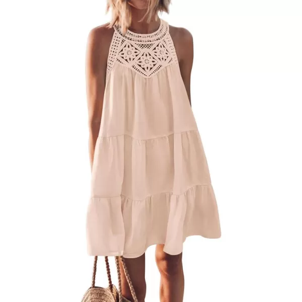 imageBTFBM Womens Summer Hollow Out Halter Dresses Casual Sleeveless ALine Tiered Swing Sundress Beach Vacation Mini DressSolid Apricot