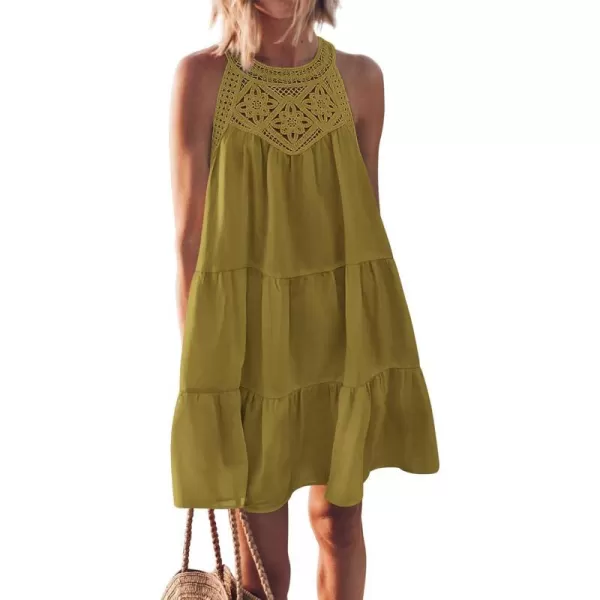 imageBTFBM Womens Summer Hollow Out Halter Dresses Casual Sleeveless ALine Tiered Swing Sundress Beach Vacation Mini DressSolid Army Green