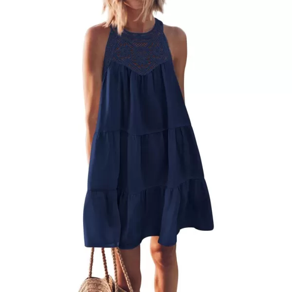 imageBTFBM Womens Summer Hollow Out Halter Dresses Casual Sleeveless ALine Tiered Swing Sundress Beach Vacation Mini DressSolid Dark Blue