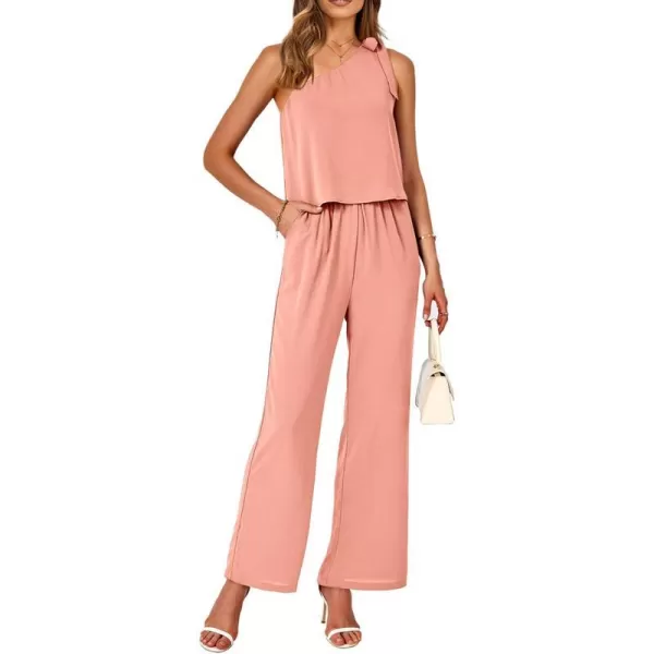 imageBTFBM Womens Summer Jumpsuits 2023 One Shoulder Tie Strap Solid Loose Long Pant Romper One Piece Casual Outfit PocketsSolid Light Orange