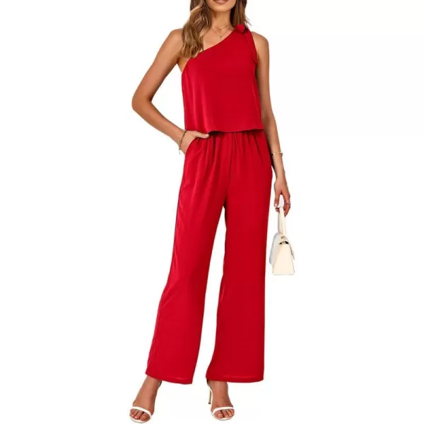 imageBTFBM Womens Summer Jumpsuits 2023 One Shoulder Tie Strap Solid Loose Long Pant Romper One Piece Casual Outfit PocketsSolid Red