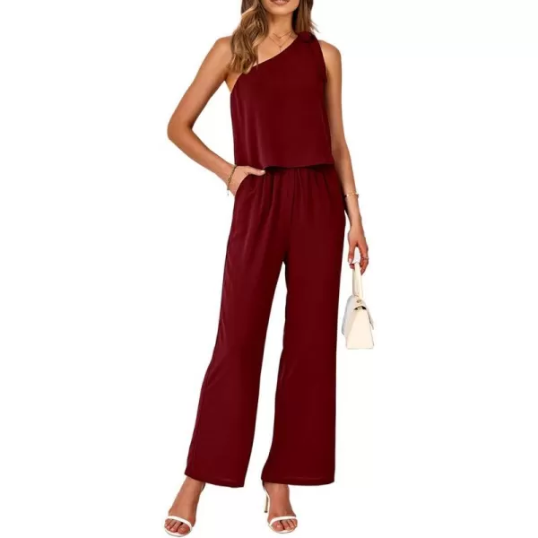 imageBTFBM Womens Summer Jumpsuits 2023 One Shoulder Tie Strap Solid Loose Long Pant Romper One Piece Casual Outfit PocketsSolid Wine Red