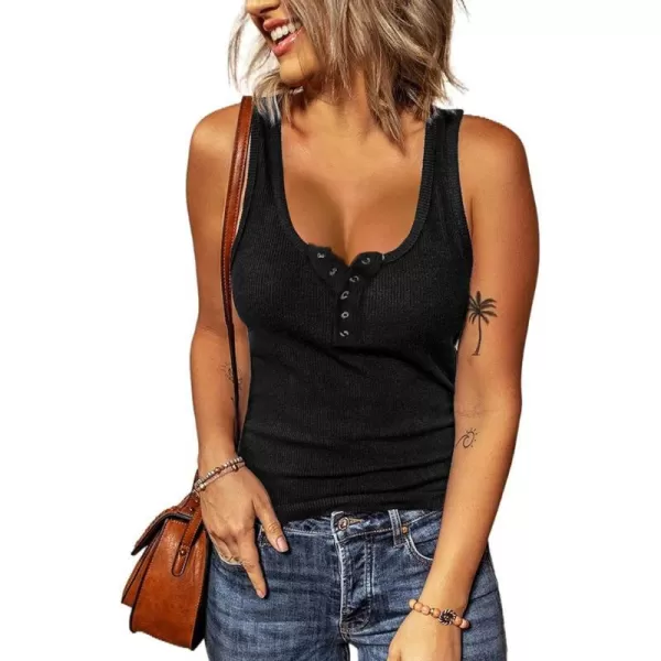imageBTFBM Womens Summer Ribbed Tank Tops Crew Neck Button Down Slim Fit Basic Sleeveless Tunic Blouse Casual Henley ShirtsSleeveless Black