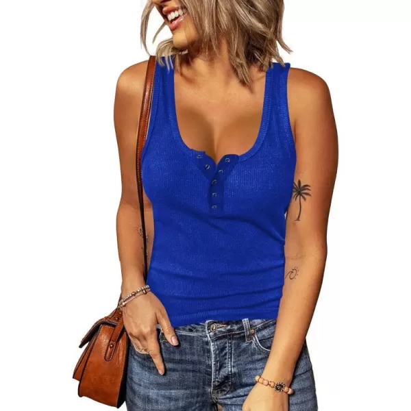 imageBTFBM Womens Summer Ribbed Tank Tops Crew Neck Button Down Slim Fit Basic Sleeveless Tunic Blouse Casual Henley ShirtsSleeveless Royal Blue