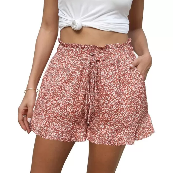 imageBTFBM Womens Summer Shorts 2023 Floral Elastic High Waisted Belted Casual Beach Ruffle Short Lounge Pants with PocketsFloral Orange Red