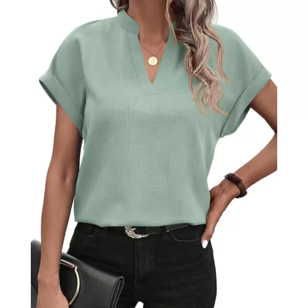 imageBTFBM Womens Summer Tops 2024 V Neck Short Sleeve Tshirt Loose Flowy Tunics Solid Color Dressy Casual Blouse ShirtsSolid Bean Green