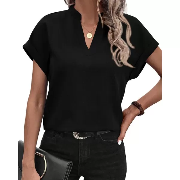 imageBTFBM Womens Summer Tops 2024 V Neck Short Sleeve Tshirt Loose Flowy Tunics Solid Color Dressy Casual Blouse ShirtsSolid Black