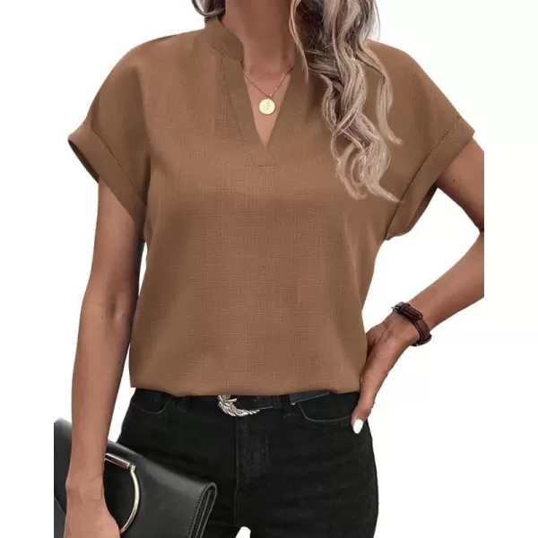 imageBTFBM Womens Summer Tops 2024 V Neck Short Sleeve Tshirt Loose Flowy Tunics Solid Color Dressy Casual Blouse ShirtsSolid Khaki