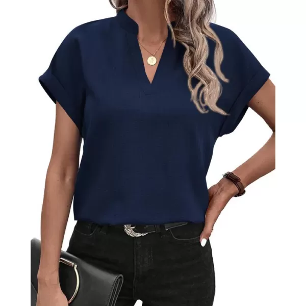 imageBTFBM Womens Summer Tops 2024 V Neck Short Sleeve Tshirt Loose Flowy Tunics Solid Color Dressy Casual Blouse ShirtsSolid Navy