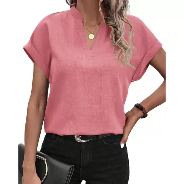 imageBTFBM Womens Summer Tops 2024 V Neck Short Sleeve Tshirt Loose Flowy Tunics Solid Color Dressy Casual Blouse ShirtsSolid Pink