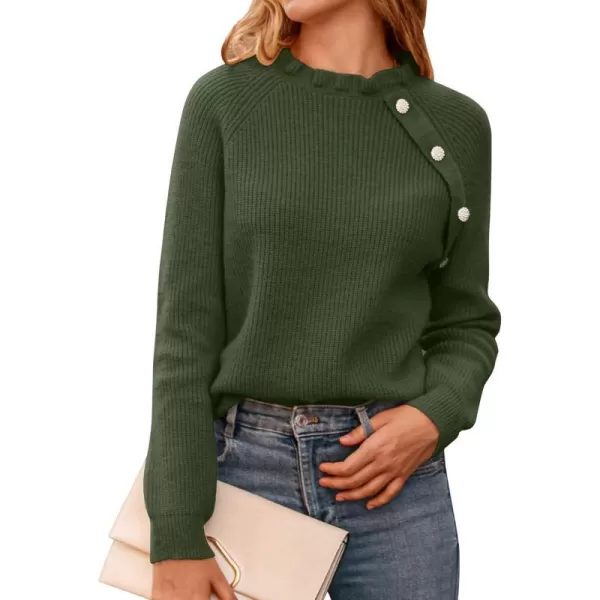 imageBTFBM Womens Sweaters Casual Long Sleeve Button Down Crew Neck Ruffle Knit Pullover Sweater Tops Solid Color StripedOblique Army Green