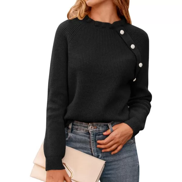 imageBTFBM Womens Sweaters Casual Long Sleeve Button Down Crew Neck Ruffle Knit Pullover Sweater Tops Solid Color StripedOblique Black