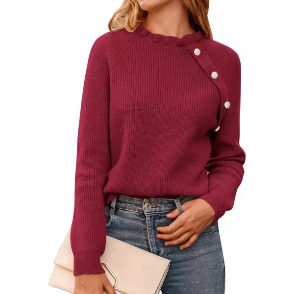 imageBTFBM Womens Sweaters Casual Long Sleeve Button Down Crew Neck Ruffle Knit Pullover Sweater Tops Solid Color StripedOblique Jujube Red