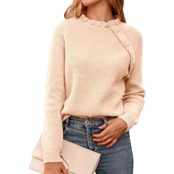 imageBTFBM Womens Sweaters Casual Long Sleeve Button Down Crew Neck Ruffle Knit Pullover Sweater Tops Solid Color StripedOblique Khaki