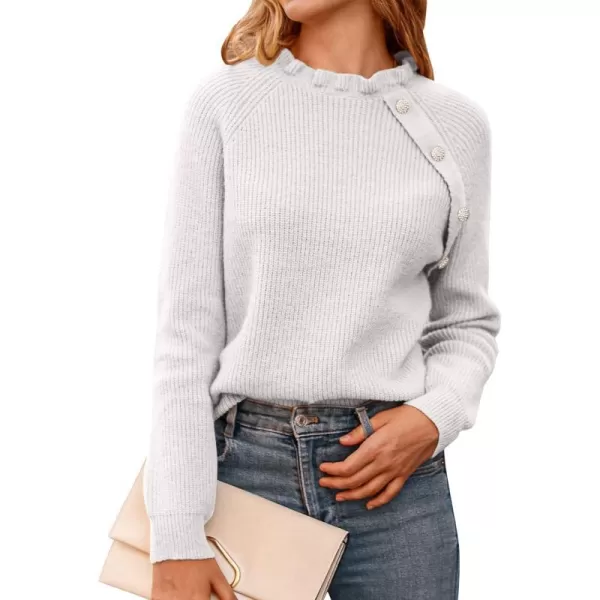 imageBTFBM Womens Sweaters Casual Long Sleeve Button Down Crew Neck Ruffle Knit Pullover Sweater Tops Solid Color StripedOblique White
