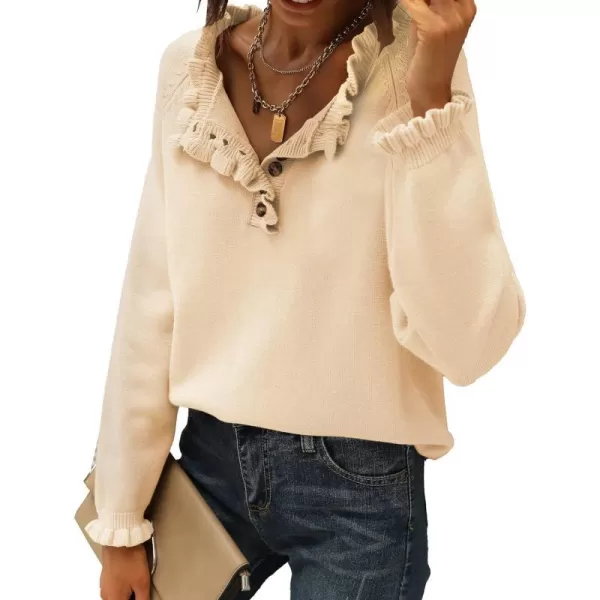 imageBTFBM Womens Sweaters Casual Long Sleeve Button Down Crew Neck Ruffle Knit Pullover Sweater Tops Solid Color StripedSolid Apricot
