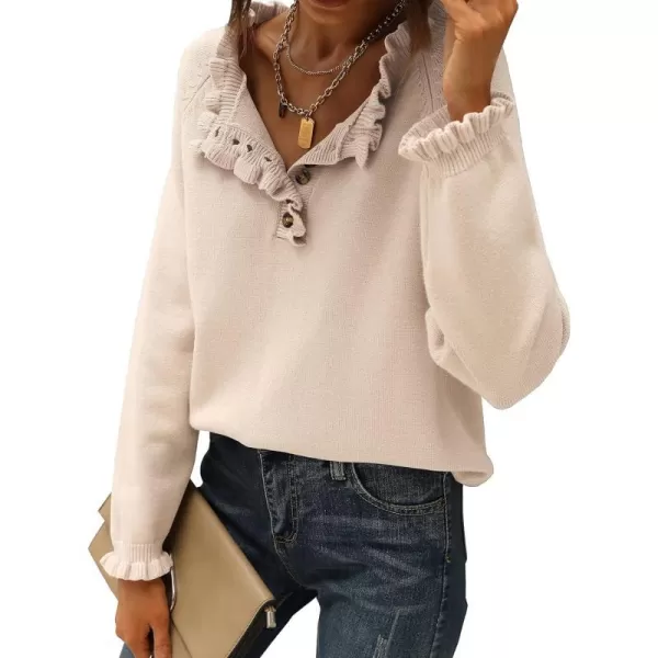 imageBTFBM Womens Sweaters Casual Long Sleeve Button Down Crew Neck Ruffle Knit Pullover Sweater Tops Solid Color StripedSolid Beige