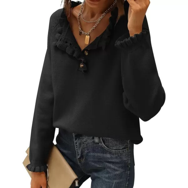imageBTFBM Womens Sweaters Casual Long Sleeve Button Down Crew Neck Ruffle Knit Pullover Sweater Tops Solid Color StripedSolid Black
